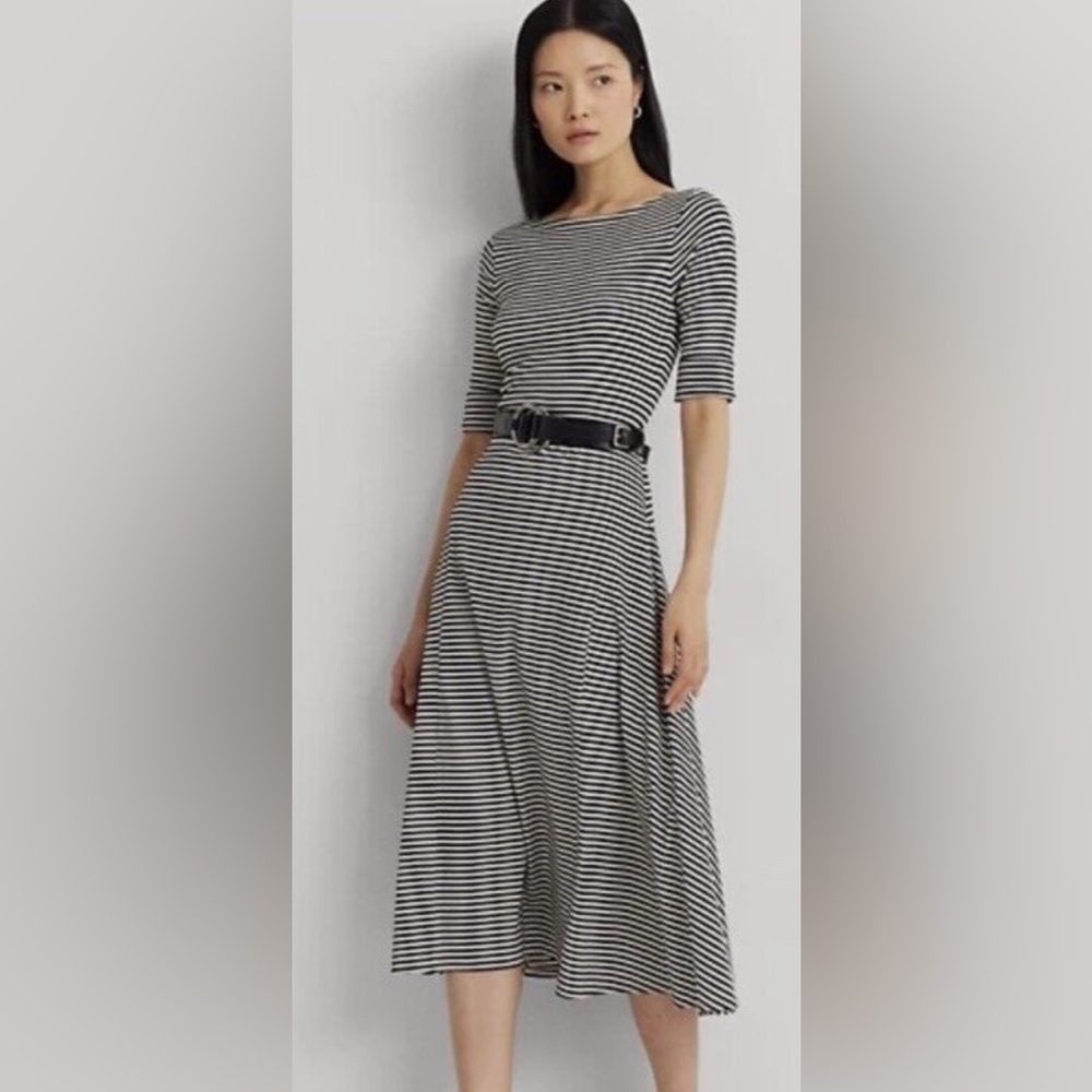Lauren Ralph Lauren Striped Black/Cream Cotton Midi Dress